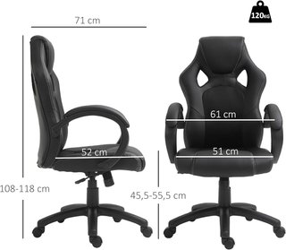 HOMCOM Sedia da Gaming Regolabile in Altezza, Sedia da Ufficio con Funzione di Oscillazione, Girevole e Reclinabile, 71X61X108-118 Cm, Nera