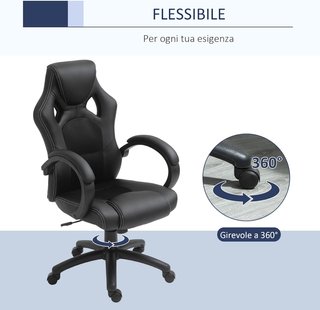HOMCOM Sedia da Gaming Regolabile in Altezza, Sedia da Ufficio con Funzione di Oscillazione, Girevole e Reclinabile, 71X61X108-118 Cm, Nera