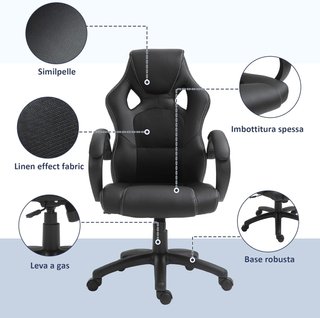 HOMCOM Sedia da Gaming Regolabile in Altezza, Sedia da Ufficio con Funzione di Oscillazione, Girevole e Reclinabile, 71X61X108-118 Cm, Nera