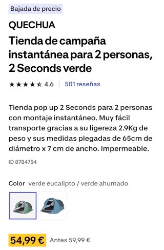 Tienda campaña 2 personas Quechua