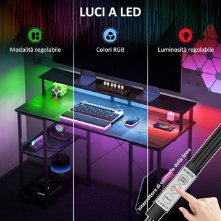 Escritorio de Computadora Reversible con Estantes, 120X50 Cm Escritorio de Oficina con Toma de Corriente y Luces LED, Mesa para PC de Estudio con Doble Soporte para Monitor, Negro