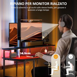 Escritorio de Computadora Reversible con Estantes, 120X50 Cm Escritorio de Oficina con Toma de Corriente y Luces LED, Mesa para PC de Estudio con Doble Soporte para Monitor, Negro