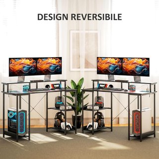 Escritorio de Computadora Reversible con Estantes, 120X50 Cm Escritorio de Oficina con Toma de Corriente y Luces LED, Mesa para PC de Estudio con Doble Soporte para Monitor, Negro