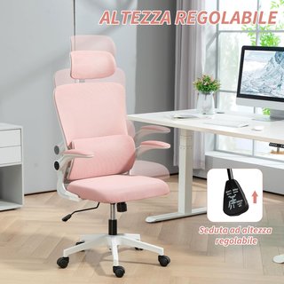 Silla De Oficina Ergonómica Con Soporte Lumbar, Reposabrazos Plegables, Reposacabezas Ajustable, Silla Giratoria Inclinable Con Respaldo Alto, Altura Ajustable De Malla, Rosa