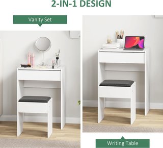 Estación de Maquillaje con Espejo Plegable, Tocador Moderno, con Taburete, Compartimento de Almacenamiento con 10 Compartimentos, MDF Blanco, 60.2 X 40.2 X 79Cm