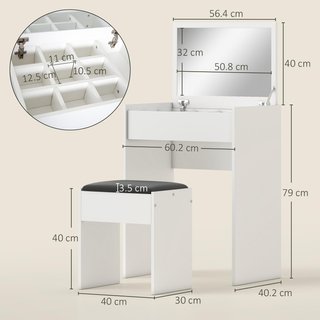 Estación de Maquillaje con Espejo Plegable, Tocador Moderno, con Taburete, Compartimento de Almacenamiento con 10 Compartimentos, MDF Blanco, 60.2 X 40.2 X 79Cm