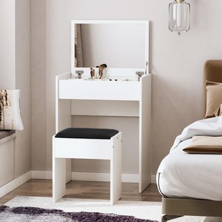 Estación de Maquillaje con Espejo Plegable, Tocador Moderno, con Taburete, Compartimento de Almacenamiento con 10 Compartimentos, MDF Blanco, 60.2 X 40.2 X 79Cm
