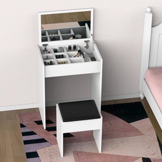Estación de Maquillaje con Espejo Plegable, Tocador Moderno, con Taburete, Compartimento de Almacenamiento con 10 Compartimentos, MDF Blanco, 60.2 X 40.2 X 79Cm