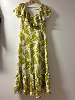 Vestido largo estampado hojas verde y blanco