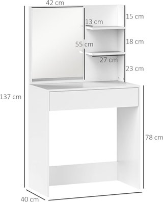 Tocador Elegante Con Amplio Cajón Organizativo, Estación de Maquillaje Con Espejo, 3 Estantes, Estación de Maquillaje para Dormitorio, Moderno, 75X40X137 Cm, Blanco