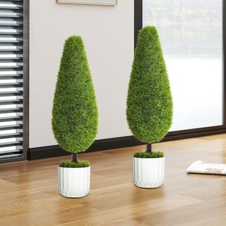 Set de 2 Plantas Artificiales para Interiores, Ciprés Falso, Macetas Ø12X16 Cm, Musgo y Cemento, Plantas Artificiales Realistas de 90 Cm en PE y Plástico, Verde y Blanco