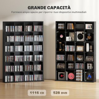 Mueble Porta CD Con Estantes Regulables, Estante Porta 456CD/336DVD Ahorra Espacio en Madera, Mueble Portacd Con 24 Compartimentos, para Sala de Estar, Dormitorio, Oficina, 89X20X130.5 Cm, Negro