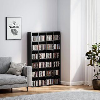 Mueble Porta CD Con Estantes Regulables, Estante Porta 456CD/336DVD Ahorra Espacio en Madera, Mueble Portacd Con 24 Compartimentos, para Sala de Estar, Dormitorio, Oficina, 89X20X130.5 Cm, Negro