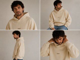 Sudadera beige bordada con fecha o coordenadas