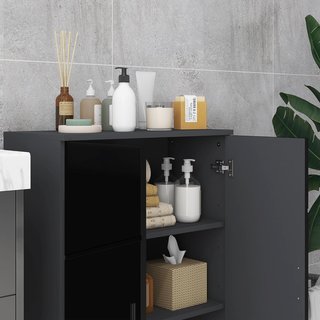 Mueble de Baño Ahorra Espacio de Madera con 2 Puertas, Armario de Baño con Cierre Soft Close y 3 Estantes, 60X30X82Cm, Negro Brillante