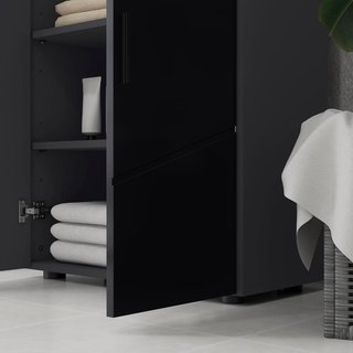 Mueble de Baño Ahorra Espacio de Madera con 2 Puertas, Armario de Baño con Cierre Soft Close y 3 Estantes, 60X30X82Cm, Negro Brillante