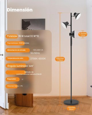 Lámpara Pie LED 3 Focos Regulable Mando