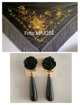 Mantoncillo negro y oro y pendientes flamenca