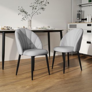 Juego De 2 Sillas De Comedor, Sillas De Cocina Modernas Con Respaldo En Concha Y Patas De Metal, Silla De PU Con Acolchado Para Cocina, Dormitorio, Oficina Y Sala De Estar, Gris Claro
