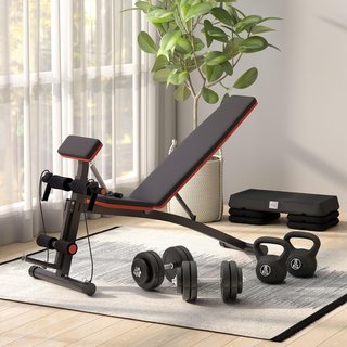 Banco de Gimnasio Plegable, Banco Multifuncional para Abdominales Inclinable con Respaldo Ajustable en 7 Niveles, Máquina de Extensión de Piernas, Cojín, Banda de Resistencia, para Entrenamiento e...