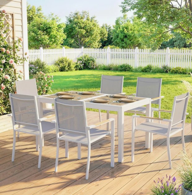 Conjunto de mesa y 6 sillas apilables de jardín