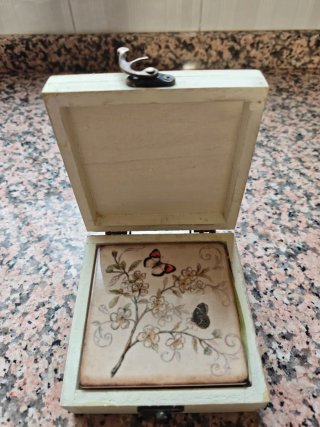 Set 4 Posavasos Cerámica Caja Madera Vintage