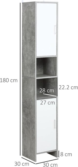 Columna de Baño Con 2 Armarios y 2 Compartimentos Abiertos, Mueble Alto Ahorra Espacio en Efecto Cemento, 30X30X180Cm, Gris