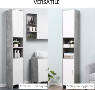 Columna de Baño Con 2 Armarios y 2 Compartimentos Abiertos, Mueble Alto Ahorra Espacio en Efecto Cemento, 30X30X180Cm, Gris