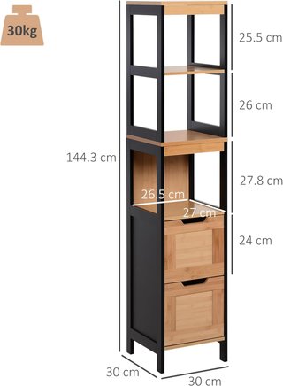 Columna de Baño Con 2 Cajones Y 3 Compartimentos Abiertos, Mueble de Baño en Madera MDF Y Bambú 30X30X144.3 Cm, Color Madera