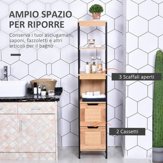 Columna de Baño Con 2 Cajones Y 3 Compartimentos Abiertos, Mueble de Baño en Madera MDF Y Bambú 30X30X144.3 Cm, Color Madera