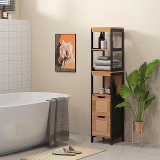 Columna de Baño Con 2 Cajones Y 3 Compartimentos Abiertos, Mueble de Baño en Madera MDF Y Bambú 30X30X144.3 Cm, Color Madera
