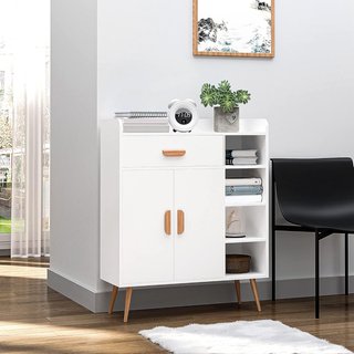 Credenza Moderna Con Armario Y Cajón, Mueble Multiusos De Madera Para Cocina Y Salón, 80 X 29.5 X 96Cm Blanco