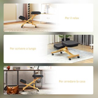 Silla Ergonómica de Rodillas con Altura Ajustable, Silla Postural Ergonómica para Oficina y Hogar, Taburete Ergonómico de Rodillas de Madera con Ruedas, Negro