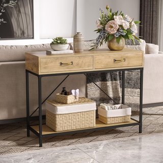 Mesa Consola de Entrada Vintage de Metal y Madera, Mesa de Salón y Estar con 2 Cajones y Estante, Marrón