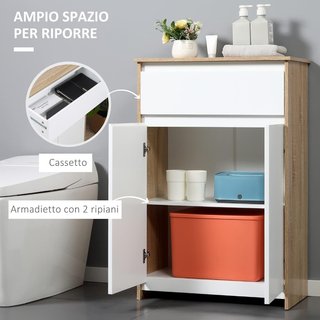 Mueble de Baño Multiuso, Mueble de Baño con Armario y Cajón, Ahorra Espacio, Color Madera y Blanco 60X30X90Cm