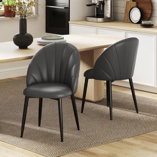 Juego De 2 Sillas De Comedor, Sillas De Cocina Modernas Con Respaldo En Concha Y Patas De Metal, Silla De PU Con Acolchado Para Cocina, Dormitorio, Oficina Y Sala De Estar, Gris Oscuro