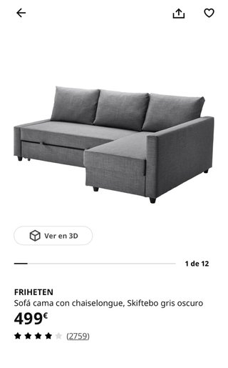 Sofá Cama Chaise Longue Gris Ikea. Modelo Friheten