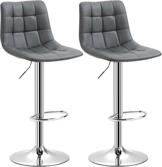 Conjunto de 2 Taburetes de Bar de Piel Sintética con Respaldo, Taburetes Giratorios para Cocina y Salón con Reposapiés, 42X45X89-110Cm, Gris