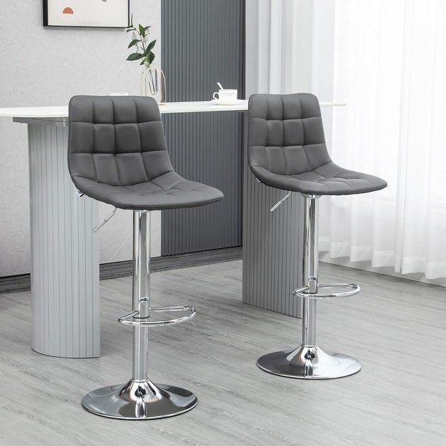 Conjunto de 2 Taburetes de Bar de Piel Sintética con Respaldo, Taburetes Giratorios para Cocina y Salón con Reposapiés, 42X45X89-110Cm, Gris