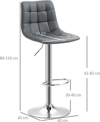 Conjunto de 2 Taburetes de Bar de Piel Sintética con Respaldo, Taburetes Giratorios para Cocina y Salón con Reposapiés, 42X45X89-110Cm, Gris