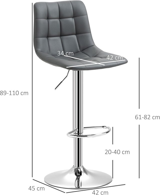 Conjunto de 2 Taburetes de Bar de Piel Sintética con Respaldo, Taburetes Giratorios para Cocina y Salón con Reposapiés, 42X45X89-110Cm, Gris