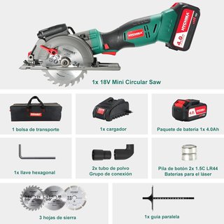 HYCHIKA Mini Sierra Circular Inalámbrica, Batería de 18V con 4.0Ah, Guía, 3500RPM