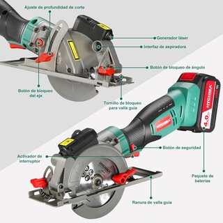 HYCHIKA Mini Sierra Circular Inalámbrica, Batería de 18V con 4.0Ah, Guía, 3500RPM