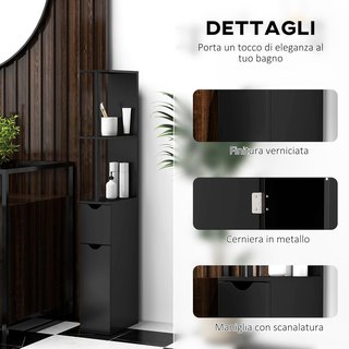 Mueble de Baño Ahorra Espacio en Columna con 2 Estantes y 2 Armarios, Columna de Baño de Madera para Salón, 15.2X29.8X118 Cm, Negro