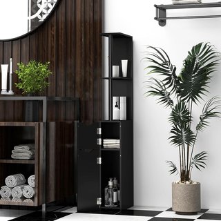 Mueble de Baño Ahorra Espacio en Columna con 2 Estantes y 2 Armarios, Columna de Baño de Madera para Salón, 15.2X29.8X118 Cm, Negro