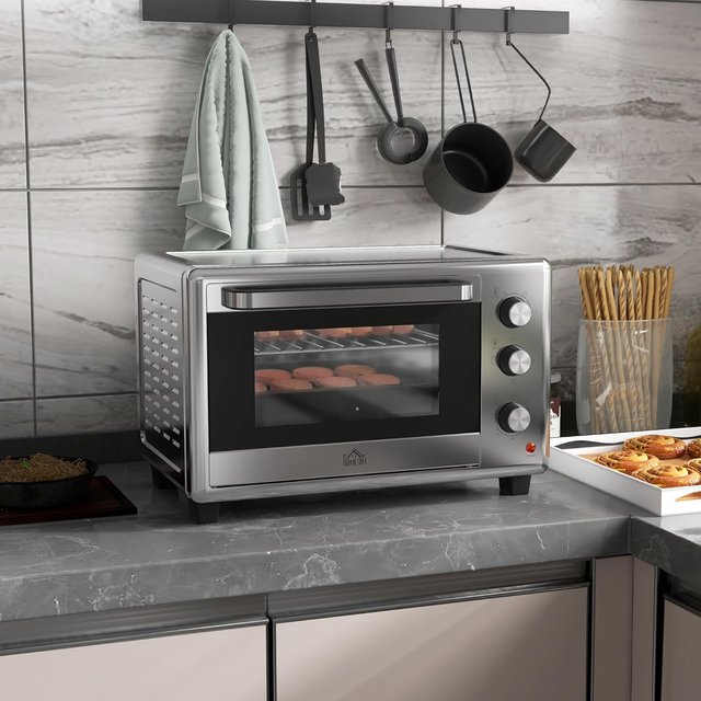 Horno Eléctrico 30L, Mini Horno Eléctrico Con 3 Funciones De Cocción, Temperatura Regulable Y Temporizador, Incluye Bandeja Y Rejilla, 1600W, Plata