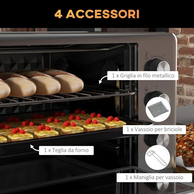 Horno Eléctrico 30L, Mini Horno Eléctrico Con 3 Funciones De Cocción, Temperatura Regulable Y Temporizador, Incluye Bandeja Y Rejilla, 1600W, Plata