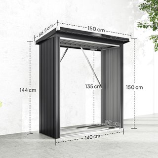 Estante para leña de exterior en acero galvanizado con base elevada y techo inclinado, caseta para leña de exterior, montaje rápido, 0.9M³, 150X66.5X150 cm, gris oscuro