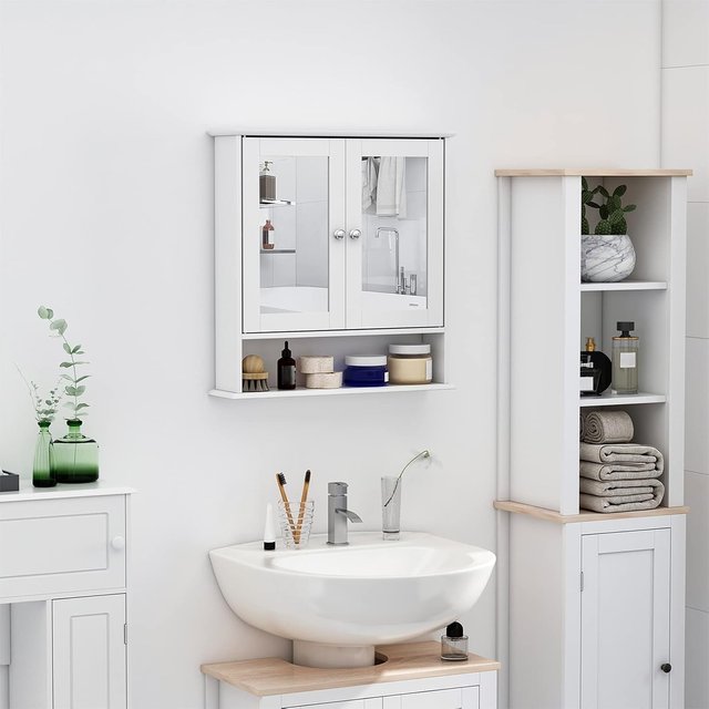 Espejo de Baño Contenedor con Puertas y Estantes Regulables, Espejo de Baño de Vidrio, Mueble Armario de Pared con Espejo, 56X13X58Cm, Blanco