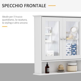 Espejo de Baño Contenedor con Puertas y Estantes Regulables, Espejo de Baño de Vidrio, Mueble Armario de Pared con Espejo, 56X13X58Cm, Blanco